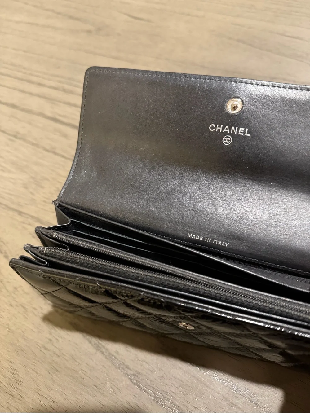 CHANEL Black Quilted Patent Leather Wallet with Silver CC Hardware